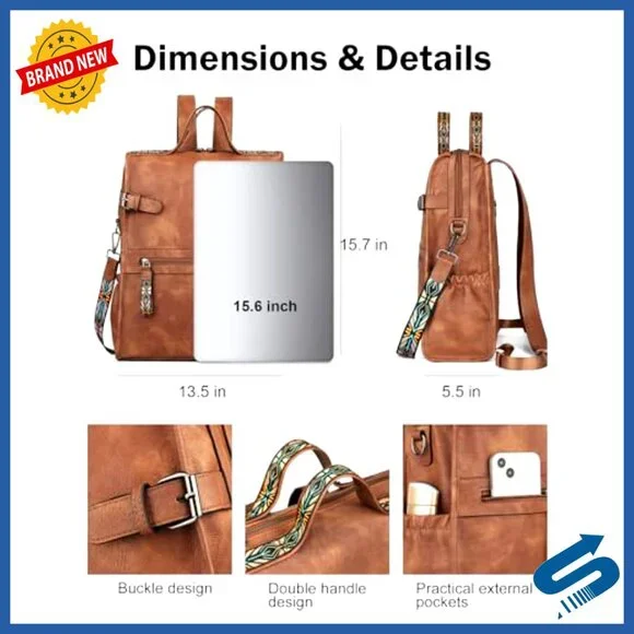 Leather Laptop Backpack Designer Work Travel Computer Bag Vegan Leather - Picture 3 of 6